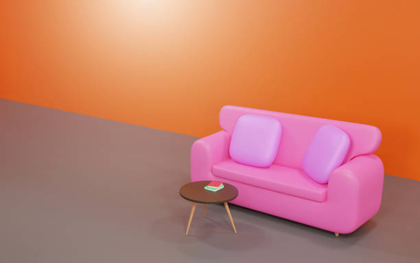 istock Pink sofa with 2 pillows placed on top In front there is a small brown table and 2 books. in the orange room. 3D Render illustration. 1471456611