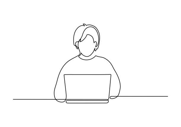 Man working on laptop Man working on laptop. Continuous line drawing. Guy sitting and watching to computer. man sitting alone drawing stock illustrations
