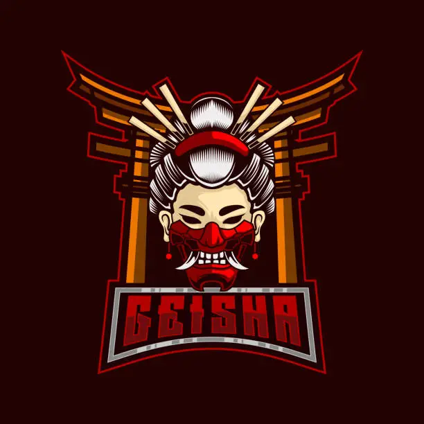 Vector illustration of Geisha Logo. Geisha mascot sport e-sport logo design. Geisha With Hanya Mask Samurai Warrior Logo template vector illustration
