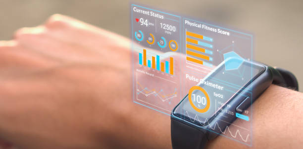 istock Futuristic hologram infographic display on smartwatch, 3d rendering medical data user interface screen app on hi-tech watch, heart rate SpO2 scanning and physical health condition UI technology 1471459256