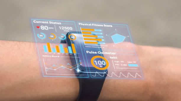 istock Futuristic hologram infographic display on smartwatch, 3d rendering medical data user interface screen app on hi-tech watch, heart rate SpO2 scanning and physical health condition UI technology 1471459264