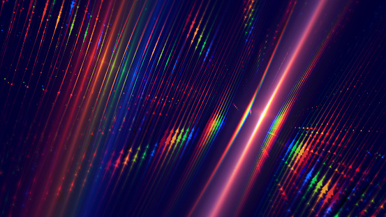 Glitch Prism Effect Abstract Futuristic Technology Fiber Optic Arrow Laser Neon LED Light Background Connection Communication Vitality Repetition Variation Purple Blue Spectrum Colorful Surreal Fantasy Rainbow Pattern Digitally Generated Image