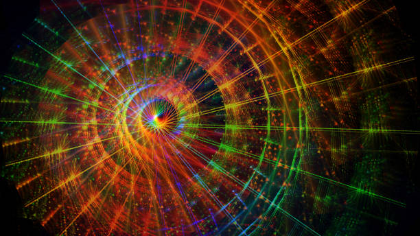 glitch glücksrad neon led licht trail circle speed abstract spiral swirl regenbogenmuster rgb rad time machine fluoreszierend futuristische technologie hintergrund digital generiertes bild - prism spectrum laser rainbow stock-fotos und bilder