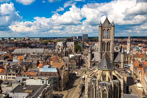 Panoramic view with Saint Nicholas Church in Gent in a beautiful summer day, Belgium