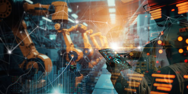 istock Manager engineer check and control automation robot arms machine Innovation of robotics and digital manufacturing on global network and monitoring software.  operation on futuristic and industry 4.0. 1471473622