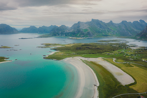 Dramatic panoramic view of beautiful colorful landscape of the mountain coast in rural area of Northern Norway