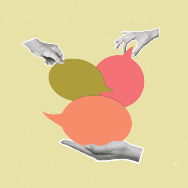 Contemporary art collage of human hands holding dialogue bubble.