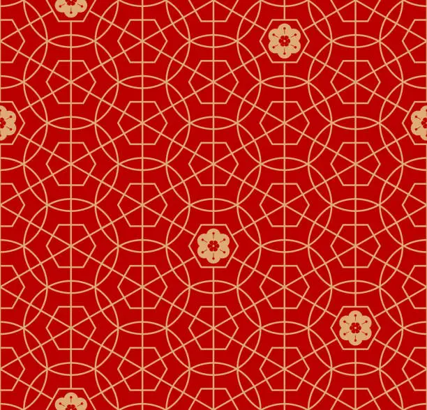 Vector illustration of Vector Traditional Chinese, Korean or Japanese Geometric and Floral Seamless Pattern for Lunar New Year, Celebration, Fabric and Wrapping Paper Print. Red and Gold.
