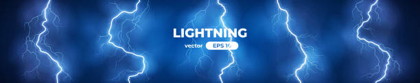 ilustrações de stock, clip art, desenhos animados e ícones de thunder lightning isolated on blue background. lightnings set. thunderstorm. flash light thunderbolt spark. bright glow and sparkle effect. realistic transparent lightning. vector illustration eps10. - thunderstorm