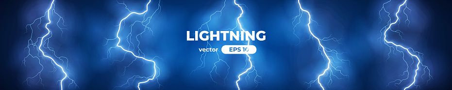 Thunder lightning isolated on blue background. Lightnings set. Thunderstorm. Flash light thunderbolt spark. Bright glow and sparkle effect. Realistic transparent lightning. Vector illustration eps10.