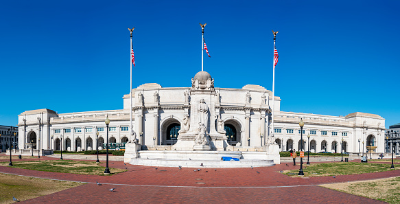 Washington DC, USA - February 18, 2023: Union Station in Washington DC, USA on a sunny day. The train station was opened in 1907.