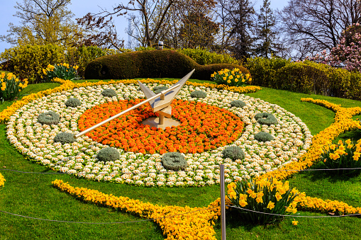 Beautiful flower clock in the summer park. Close-up. Geneva. Switzerland.