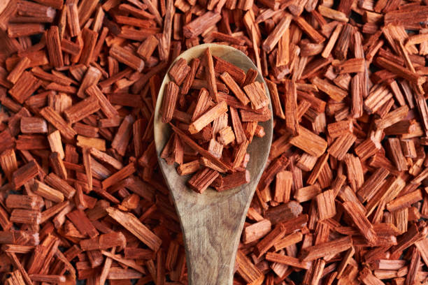 sandalo rosso su un cucchiaio - ingrediente per oli essenziali - legno di sandalo foto e immagini stock