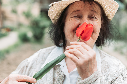 Close-up of an elderly woman smelling freshly picked tulip from the garden