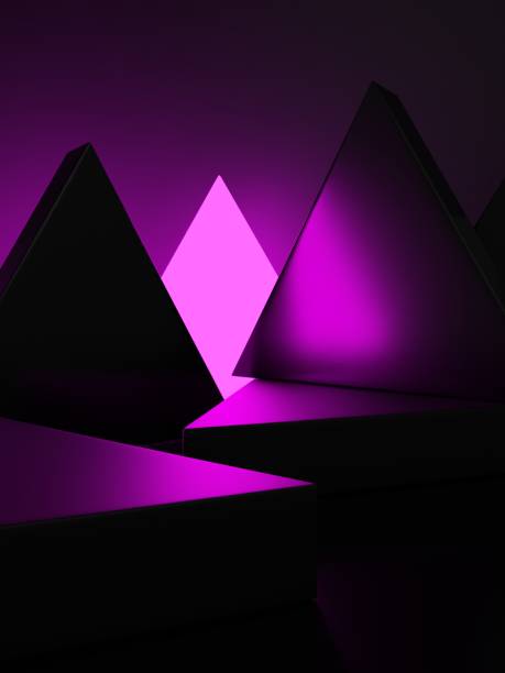 istock 3D Rendering Dark and Neon Light Geometric or Abstract Shape Acrylic Glass Triangles Product Display Background for Electronic Products. 1471482489