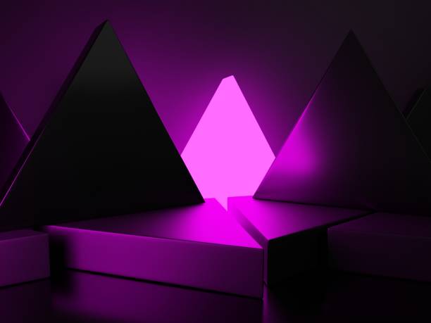 istock 3D Rendering Dark and Neon Light Geometric or Abstract Shape Acrylic Glass Triangles Product Display Background for Electronic Products. 1471482495