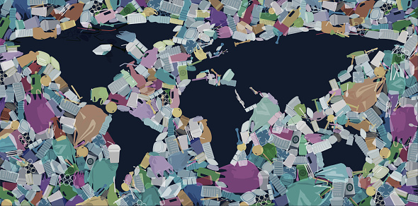 Map of the world made from overlapping Plastic waste. Environment, Environmental Conservation, Ecology, Global Business, Pollution, plastic, polythene, polystyrene, disposable, packaging, Planet Earth, Garbage, Littering, social issues,