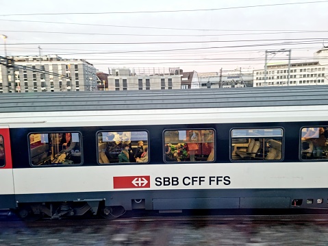 Swiss railway wagon captured from another train while entering Zurich main railway Station.