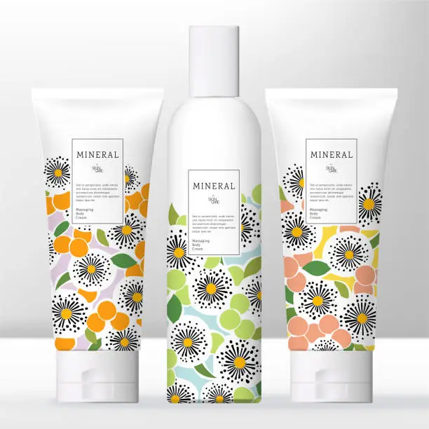 Vector illustration of Vector Beauty or Skincare Transparent Cream, Shampoo, Gel or Cream Bottle and Tube Bundle with Floral Pattern Print.