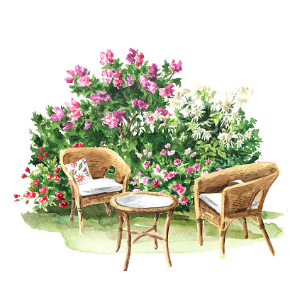 istock Relax zone in a cozy blooming garden. Wicker furniture chairs and a table. Hand drawn watercolor illustration, isolated  on white background 1471487232