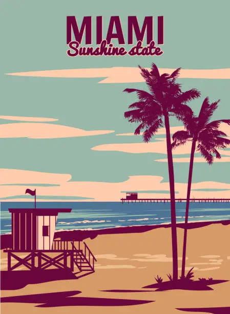 Vector illustration of Miami Beach Vintage Poster. Beach, palm, coast, surf, ocean. Vector illustration