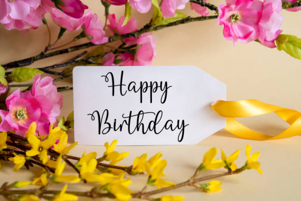 Spring Flower Decoration, Label With English Text Happy Birthday stock photo