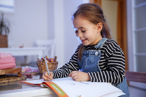 Happy little school girl studying in living room sitting at desk. Education, childhood, people, homework and school concept - smiling student girl with book writing to notebook at home