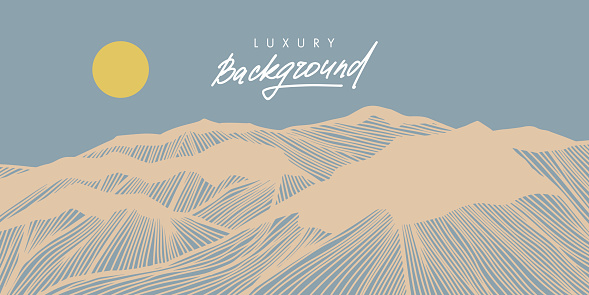 Desert landscape. Linear sand dunes. Banner with mountains. Line art. Linear hills with striped pattern. Minimalist japanese style background design. Vector illustration.