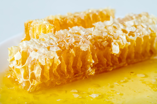 A DSLR close-up photo of fresh cut slices of honeycomb filled with honey.