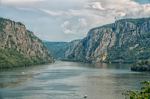 Panoramic view of Danube in Djerdap gorge from Serbian side on sunny day.