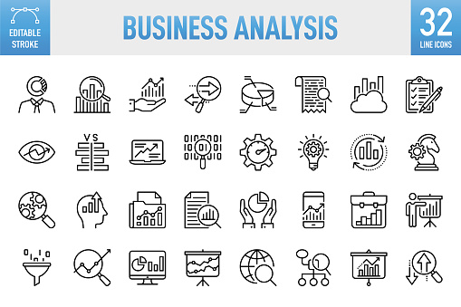 Business Analysis - Thin line vector icon set. 32 linear icon. 64x64 Pixel perfect. Editable stroke. For Mobile and Web. The set contains icons: Analyzing, Data, Big Data, Research, Examining, Chart, Diagram, Expertise, Planning, Advice
