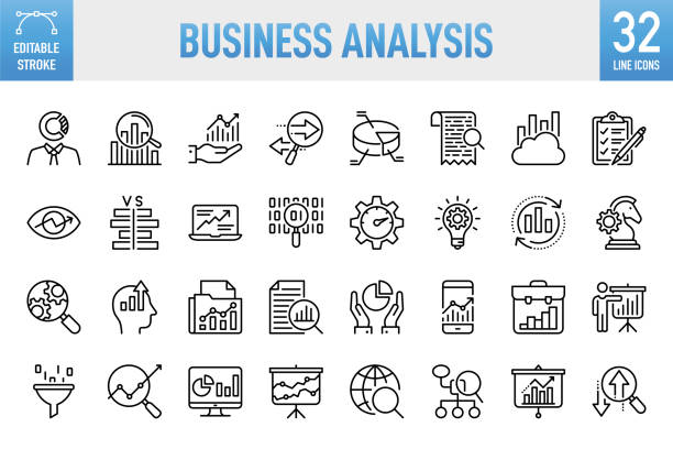 Business Analysis - Thin line vector icon set. Pixel perfect. Editable stroke. For Mobile and Web. The set contains icons: Analyzing, Data, Big Data, Research, Examining, Chart, Diagram, Expertise, Planning, Advice Business Analysis - Thin line vector icon set. 32 linear icon. 64x64 Pixel perfect. Editable stroke. For Mobile and Web. The set contains icons: Analyzing, Data, Big Data, Research, Examining, Chart, Diagram, Expertise, Planning, Advice analyzing stock illustrations
