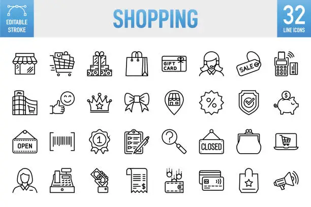 Vector illustration of Shopping - Thin line vector icon set. Pixel perfect. Editable stroke. For Mobile and Web. The set contains icons: Shopping, Store, Shopping Mall, Shopping Cart, Shopping Bag, Sale, Retail, Buying, Supermarket, Market - Retail Space, Open, Shopping List