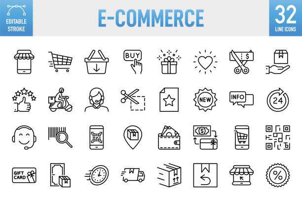 ilustrações de stock, clip art, desenhos animados e ícones de e-commerce - thin line vector icon set. pixel perfect. editable stroke. for mobile and web. the set contains icons: e-commerce, online shopping, shopping, delivering, free shipping, store, internet, wish list, shopping cart, shopping bag, supermarket - supermarket worker