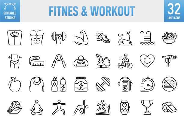 Fitness & Workout - Thin line vector icon set. Pixel perfect. Editable stroke. For Mobile and Web. The set contains icons: Healthy Lifestyle, Exercising, Sport, Healthy Eating, Gym, Wellbeing, Dieting, Healthcare And Medicine, Weight Scale, Lifestyles Fitness & Workout - Thin line vector icon set. 32 linear icon. 64x64 Pixel perfect. Editable stroke. For Mobile and Web. The set contains icons: Healthy Lifestyle, Exercising, Sport, Healthy Eating, Gym, Wellbeing, Dieting, Healthcare And Medicine, Weight Scale, Lifestyles, Running, Yoga nutrients icon stock illustrations