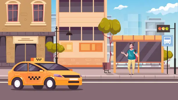 Vector illustration of Taxi car service cab standing on city street road door concept. Vector graphic design illustration element