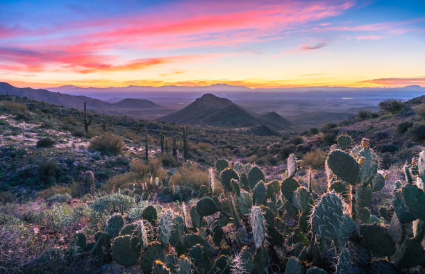 bella alba nelle maestose montagne mcdowell vicino a bell pass - phoenix arizona scottsdale sunset foto e immagini stock