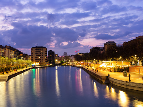View of Navigli dock in blue hour, Milan, Italy