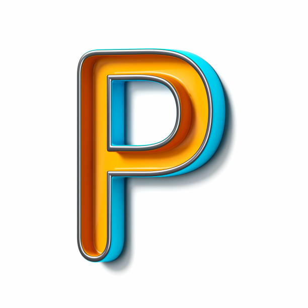 carattere metallico sottile blu arancio lettera p 3d - letter p alphabet three dimensional shape blue foto e immagini stock