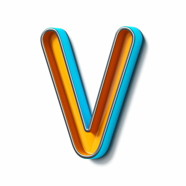 Orange blue thin metal font Letter V 3D