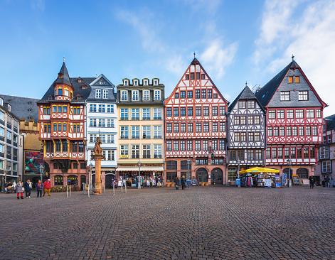 Frankfurt, Germany - Jan 23, 2020: Colorful Half-timbered buildings at Romerberg Square - Frankfurt, Germany