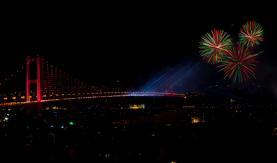 15 July Martyrs Bridge (Bosphorus Bridge), Fireworks Group on bosphorus bridge.