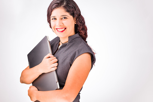 profile picture for cv isolated in white background with copy space. business professional hispanic woman. positive and smile