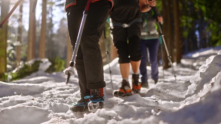 SLO MO Close-up Footage of Hiking in Snowy Forest with Trekking Poles and Crampons