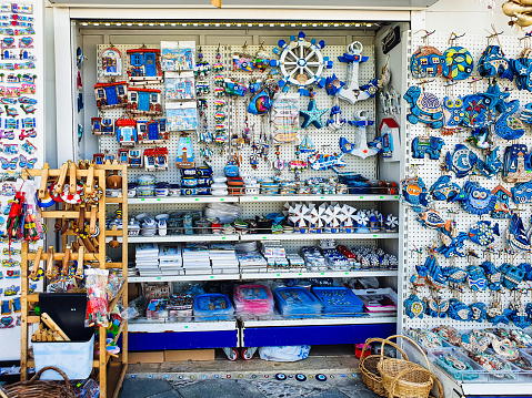 ANTALYA, TURKEY - NOVEMBER 19, 2018: Authentic Turkish Souvenies shop in Bodrum, Turkey. Exterior of small store with lot of different beautiful things interesting for tourists.