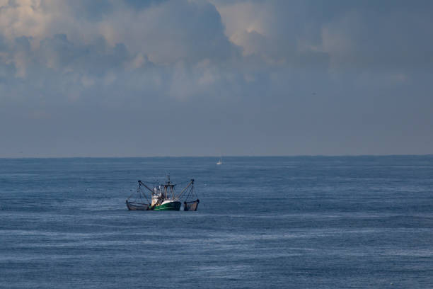 a cutter with lifted drag nets on the north sea - rede de arrastão imagens e fotografias de stock