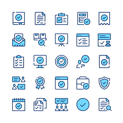 Check mark line icons. Set of check mark icons. Blue color. Outline stroke symbols. Vector line icons set