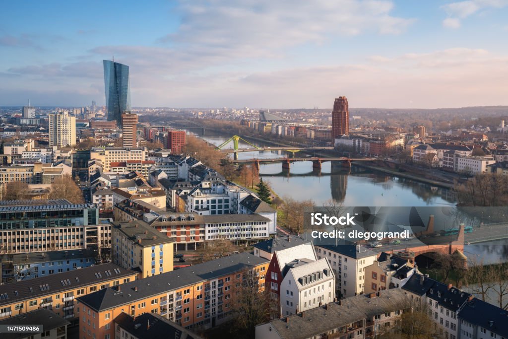 Aerial view of Main River Skyline with ECB Tower (European Central Bank) and Main Plaza Building - Frankfurt, Germany Aerial View Stock Photo