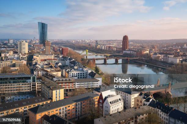 Aerial View Of Main River Skyline With Ecb Tower And Main Plaza Building Frankfurt Germany Stock Photo - Download Image Now