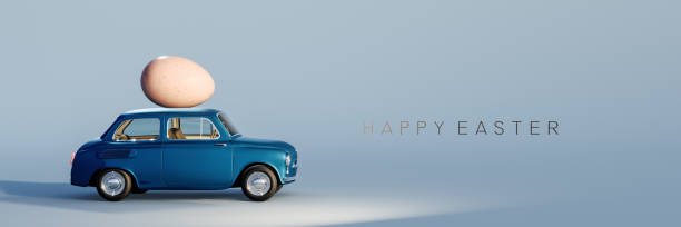 istock Dark blue old car with Easter egg on the roof. Easter is coming with text on blue background. 1471510964